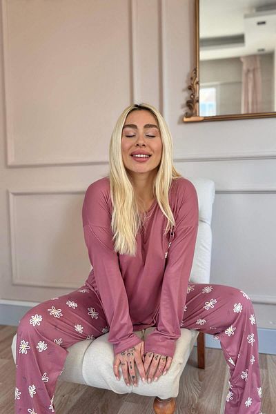 Pijamaevi Powder Daisy Patterned Bamboo Long Sleeve Women's Pajamas Set