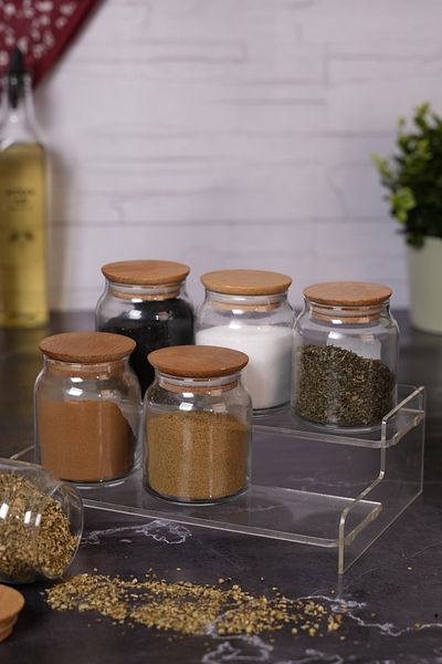 Etka Dizayn 🌿   Elara Glass Spice Jar Set, Plexiglass Stand, Spice Rack Set