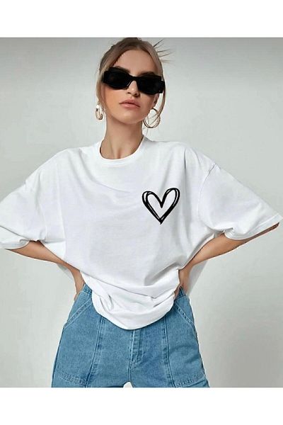 khufu Unisex Oversize Heart Print Άνετο T-shirt