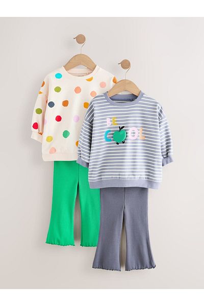 Next Baby Cotton Blue Cream Printed Sweatshirt Leggings 2-Piece Top and Bottom Set