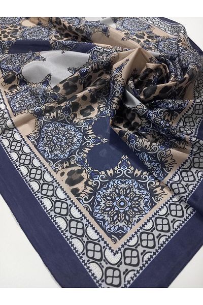 HAREM SCARF Navy Blue Beige Leopard Ethnic Pattern Brisa Shawl - 7501-534-Kvs0591