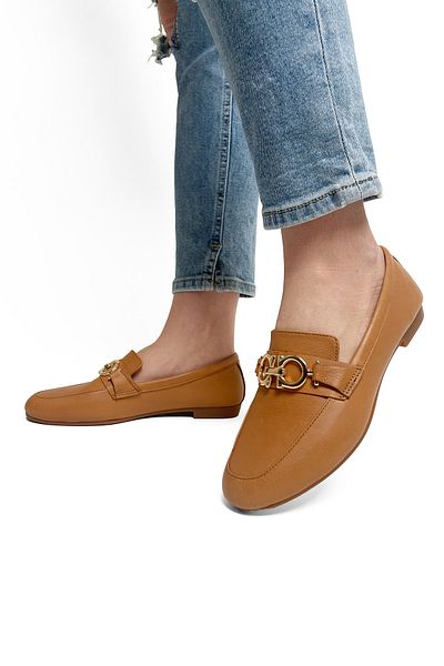 RABU Tan Women's Genuine Leather Gold Metal Buckle Detailed Casual Daily Ballerina Shoes