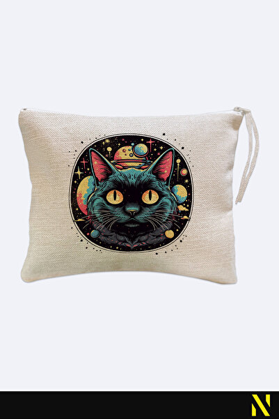 nilizma Black Cat Patterned Linen Handbag