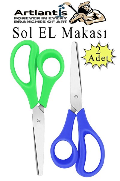 Artlantis Sol El Makası 2 Adet Solak Okul Makası Plastik Saplı Solel İçin Makas Okul Öğrenci Makası Küt Uçlu P