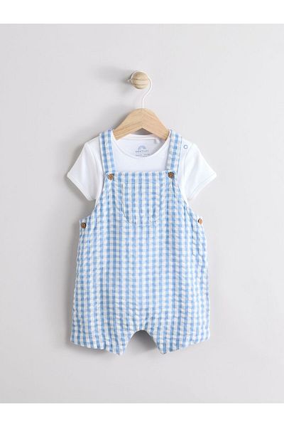 Next Baby Cotton Blue Striped Short Sleeve Salopet Bodysuit Set