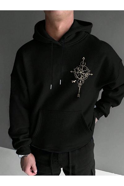 PALPİTO Men's Black Not Dreams Printed 3 Thread Hooded Hoodie Sweatshirt