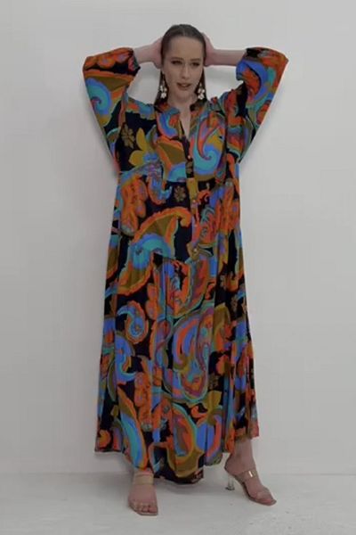 AYASOFYA OTANTIK Rochie lungă de damă, portocalie, neagră, cu nasturi, cu guler cu plachetă, cu mâneci cu balon, cu mâneci florale