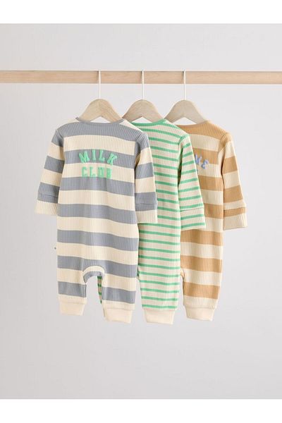 Next Baby 100% Cotton Blue Green Orange Striped Footless 3-Piece Overalls Set