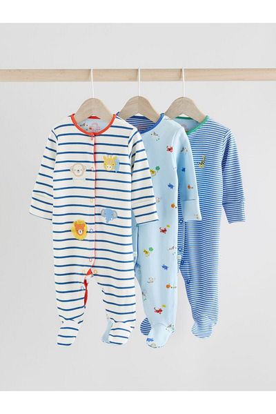 Next Baby 100% Cotton Blue Animal Patterned 3-Piece Jumpsuit Set