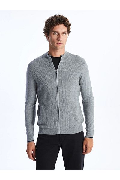 LC Waikiki Lcwaikiki Classic Gray Standard Fit Stand Collar Men's Knitwear Cardigan