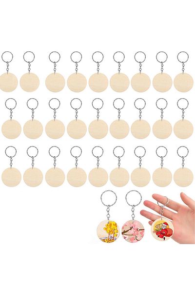 Choice مجموعة من 180 قطعة من سلاسل المفاتيح الخشبية الدائرية الفارغة الفضية مع حلقات مفاتيح خشبية مخصصة