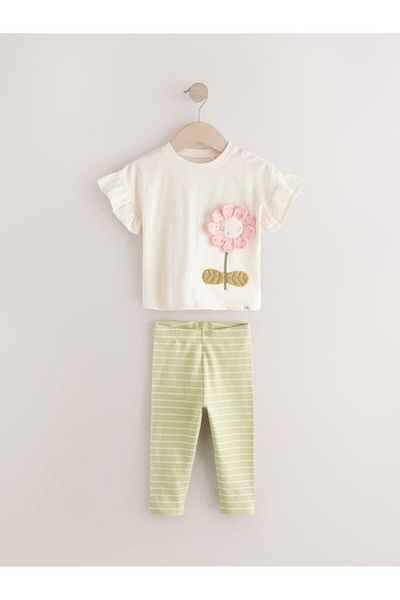 Next Baby Cotton Cream Short Sleeve Floral Patterned 3-Piece Bottom and Top Set