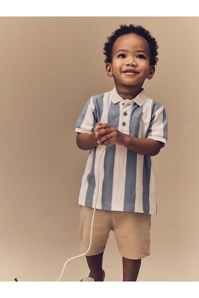 Next Baby Cotton Blue Striped Short Sleeve Polo Tsirt Shorts Top Bottom Set