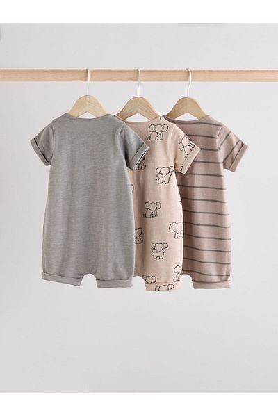 Next Baby 100% Cotton Neutral Elephant Patterned 3-Piece Romper Set