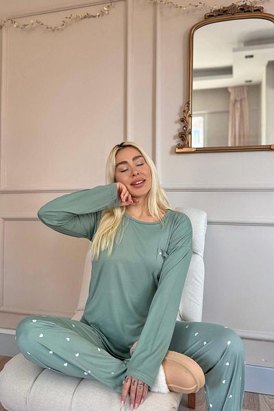 Pijamaevi Green Heart Patterned Bamboo Long Sleeve Women's Pajamas Set