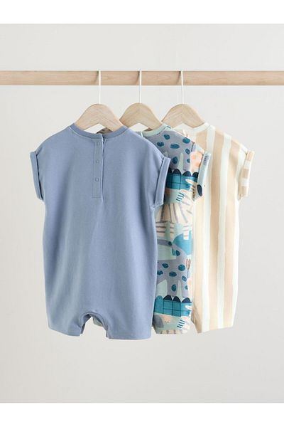 Next Baby 100% Cotton Blue Cream Animal Patterned 3-Piece Romper Set