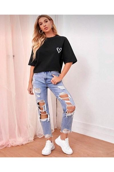 khufu Unisex Oversize Heart Print Άνετο T-shirt