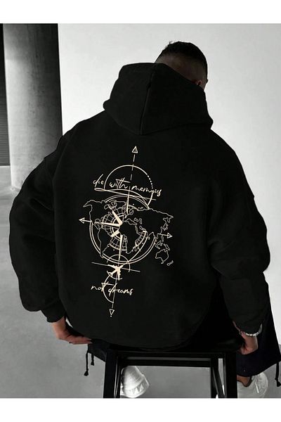 PALPİTO Men's Black Not Dreams Printed 3 Thread Hooded Hoodie Sweatshirt