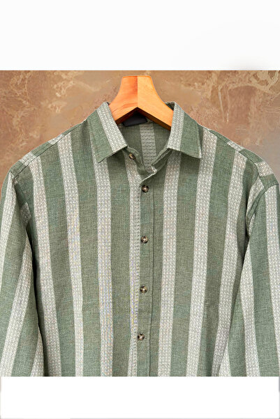 Hazhers Erkek Oversize Gömlek Yaka Keten Uzun Kollu Yazlık Gömlek