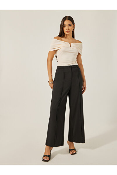 Styli Mid Rise Wide Leg Pants with Pintuck Detail