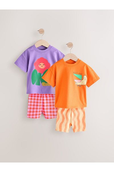 Next Baby Cotton Orange Lilac Printed Short Sleeve Leggings 2-Piece Bottom Top Set