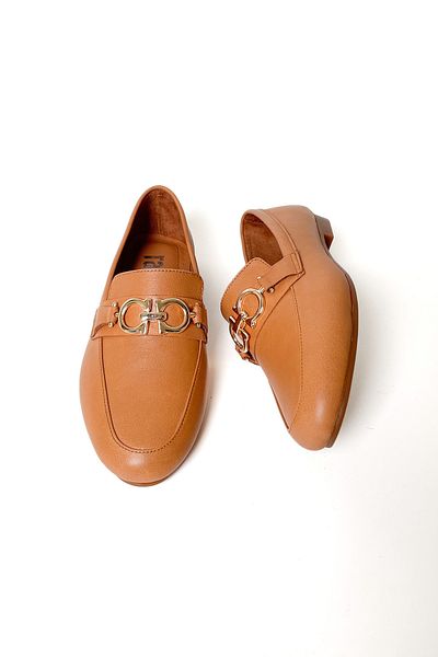 RABU Tan Women's Genuine Leather Gold Metal Buckle Detailed Casual Daily Ballerina Shoes