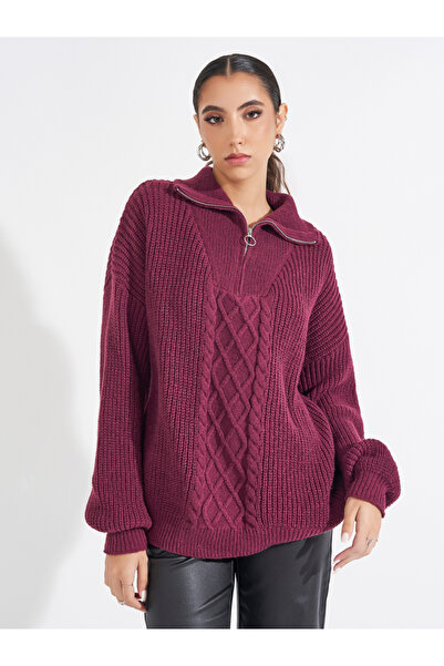 Styli Longline Cable Knit Sweater with Half Zip Detail