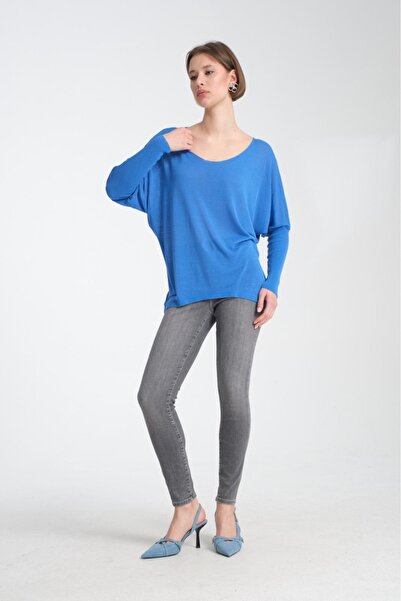 Su Moda Kadın Giyim Bluz Ince Yazlık Kazak U Yaka Omuz Düşük Uzunkol Rahat Kalıp Ince Viskon Üst Giyim