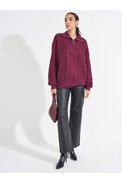 Styli Longline Cable Knit Sweater with Half Zip Detail