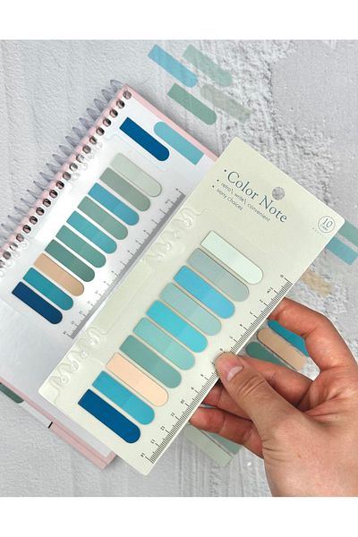 ZeCo Collection 10 Colors Blue Shades Oval Edge Transparent Pet Index Sticker/Index Sticker/Post-it with Ruler