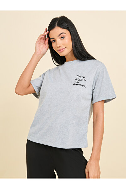 Styli Melange Slogan Print T-Shirt & Pyjama Set
