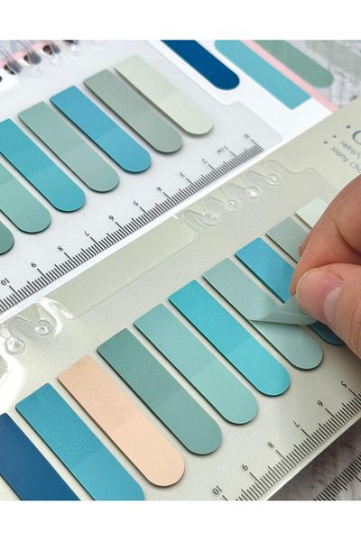 ZeCo Collection 10 Colors Blue Shades Oval Edge Transparent Pet Index Sticker/Index Sticker/Post-it with Ruler