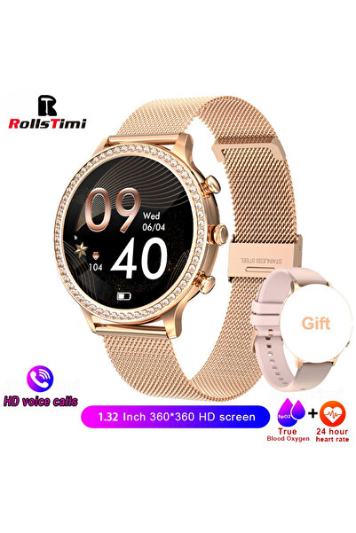 Choice حزام شبكي ذهبي ساعة ذكية فاخرة للنساء تعمل بالبلوتوث لقياس ضغط الدم، س...