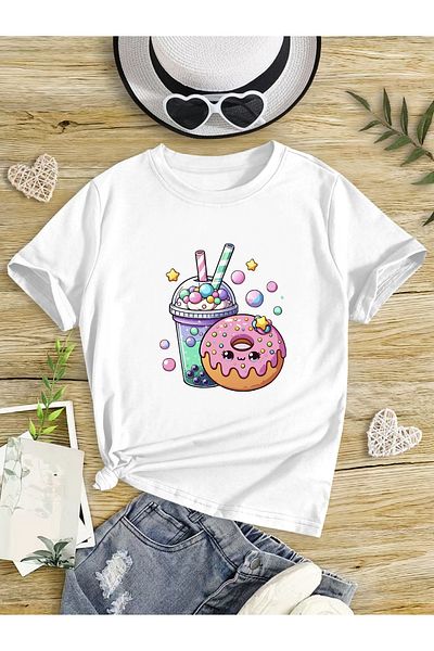 Let's Wear Tricou pentru copii Donut and Milkshake Tricou cu decolteu rotund din bumbac pieptănat pentru copii