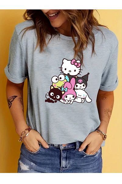 makiteks Μπλουζάκι με στάμπα Hello Kitty Γυναικεία Unisex Oversize Crew Neck Μπλουζάκι με στάμπα λευκό μαύρο γκρι