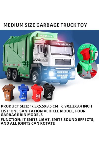 XMD Medium size Garbage Truck Toys for Boys,Garbage Truck Toys Metal Diecast, Friction Powered Toy Garba