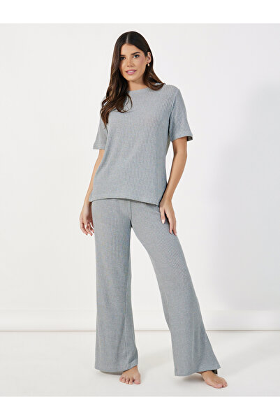 Styli Ribbed Round Neck Top & Wide Leg Pants Pyjama Set