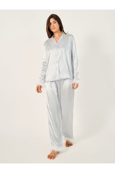 Styli Faux Feather Trim Buttoned Shirt and Pyjama Set