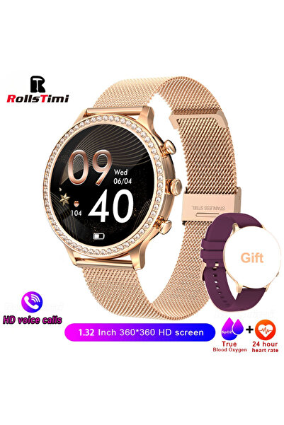 Choice حزام شبكي ذهبي ساعة ذكية فاخرة للنساء تعمل بالبلوتوث لقياس ضغط الدم، س...