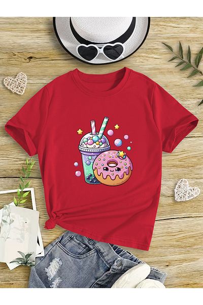 Let's Wear Детска тениска с поничка и млечен шейк, пенирана памучна тениска с кръгло деколте за деца