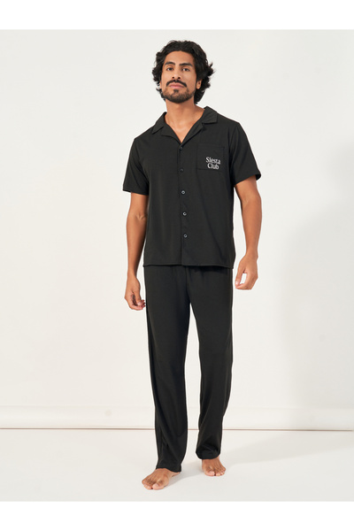 Styli Printed Pocket Short Sleeve Shirt & Open Hem Pyjama Set