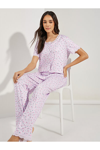 Styli Ribbed AOP Lace Trim Shirt & Pyjama Set