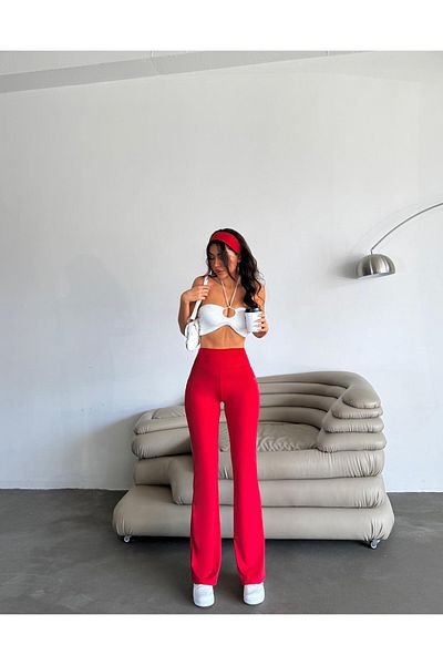 CEGEB Women's Burgundy Spanish Leg High Waist Gathering Leggings Trousers for Sports or Casual Use