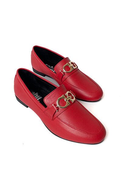 RABU Kırmızı Kadın %100 Hakiki Deri Gold Tokalı Makosen Düz Esnek Taban Ayakkabı