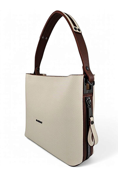 Evident Cream & Tan Zipper Detailed Women's Shoulder Bag with Puppy