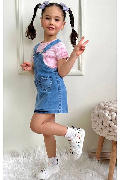 ARBİ kids Girl's Salopet Heart Short Sleeve Tshirt Combination Eid Stylish
