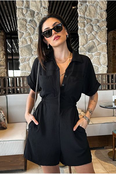 MEECY Női fekete viszkóz jumpsuit rövidnadrággal