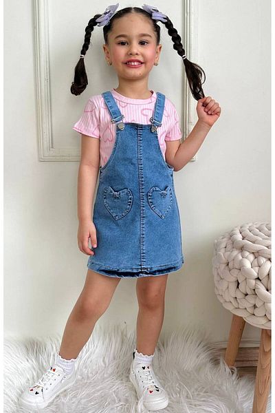 ARBİ kids Girl's Salopet Heart Short Sleeve Tshirt Combination Eid Stylish
