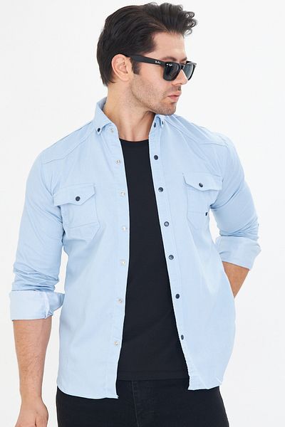 Oyga Ανδρικό Ice Blue Slim Fit Slim Fit Βαμβακερό τζιν πουκάμισο με διπλή τσέπη