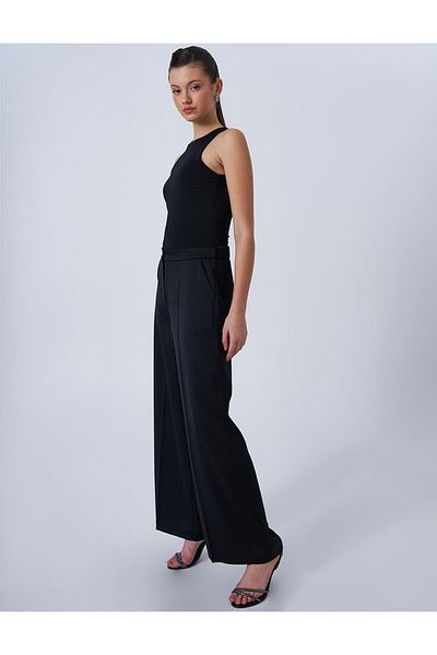 Kayra Shiny Button Detailed Satin Trousers Black